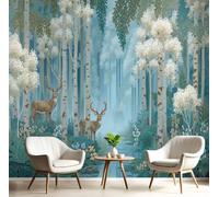 DACRWEKZ Premium 3D Panoramic Forest Scenery Wallpaper, Birch Forest Streams and Elk Blue-Green Backdrop Wall Photo Mural Wallpaper Living Room Bedroom Theme Hotel Warm Decor Papel Mural 400x280cm