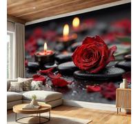 DACRWEKZ Premium 3D Panoramic Romantic Flowers Wallpaper, Water Droplet Rose Candle Red Backdrop Wall Photo Mural Wallpaper Living Room Bedroom Theme Hotel Warm Decor Papel Mural 300x210cm