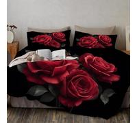 DACRWEKZ Realistic Flowers Quilt Cover King Size, Romantic Roses Duvet Cover Set, Soft Microfiber 3 Pieces Bedding Set for Adults Teenager with Zipper Closure for Home Decor Red