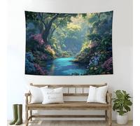 DACRWEKZ Realistic Landscape Painting Wall Hanging Tapestry Forest Flowers Stream Wall Art Large Mural Decor Backdrop Blanket for Bedroom Living Room Decoration Blue-Green, 100 x 70cm