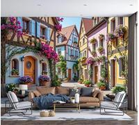 DACRWEKZ Reflections of The Coastal City Panoramic Wallpaper Mural - Large Mural with Red and Blue Mediterranean Style,Silk Photo Wallpaper for Bedroom Living Room Corridor