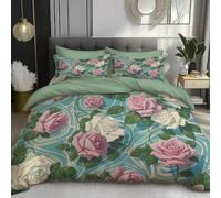 DACRWEKZ Retro Floral Quilt Cover Single Size, Romantic Roses Duvet Cover Set, Soft Microfiber 2 Pieces Bedding Set for Adults Teenager with Zipper Closure for Home Decor Blue-Green