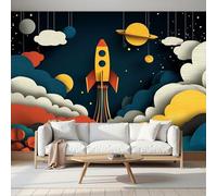 DACRWEKZ Rockets Fly into Space Panoramic Wallpapers, Giant Wall Poster Personalized Paper Cutting Art for Living Room, Children's Room Wall Decoration 250x175cm Yellow-Orange