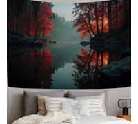 DACRWEKZ Room Decor Wall Art Home Decor Tapestry For Bedroom Autumn Forest Wall Decors Bedroom Accessories Room Decors Dark Green Red Trees On The Lake Tapestry Yoga Meditation