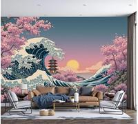 DACRWEKZ Sea Wave Pagoda Cherry Blossom Tree Panoramic Wallpaper Mural - Large Mural with Pink Ukiyo-E Style,Silk Photo Wallpaper for Bedroom Living Room Corridor
