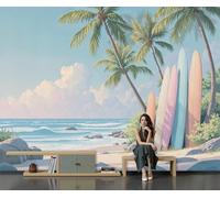 DACRWEKZ Seaside Scenery Wallpaper with Surfboards, Beach, Coconut Trees - 350x256cm Wall Paper - Light Blue Paper for Bedroom Living Room TV Backdrop Hallway Hall Lounge