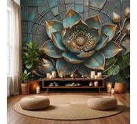 DACRWEKZ Silk 3D Flowers Panoramic Wallpaper 350x256cm|3D Blue Lotus Copper Leaf Cyan Perfect Home Decor for Bedroom Living Room Large Kids Wall Poster