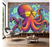DACRWEKZ Silk Graffiti Art Panoramic Wallpaper 450x315cm|3D Octopus Wearing Sunglasses Orange Color Perfect Home Decor for Bedroom Living Room Large Kids Wall Poster