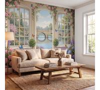 DACRWEKZ Silk Romantic Garden Style Panoramic Wallpaper 350x256cm|3D Rose Bridge Butterfly Rice Pink Perfect Home Decor for Bedroom Living Room Large Kids Wall Poster