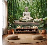 DACRWEKZ Silk Zen Healing Panoramic Wallpaper 400x280cm|3D Buddha Statue Bamboo Tube Candle Emerald Green Perfect Home Decor for Bedroom Living Room Large Kids Wall Poster