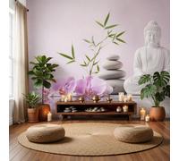 DACRWEKZ Silk Zen-Inspired Healing Style Panoramic Wallpaper 300x210cm|3D Stone Buddha Orchid Stacked Stones Light Pink Perfect Home Decor for Bedroom Living Room Large Kids Wall Poster