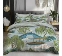 DACRWEKZ Single Duvet Cover Sets 135x200cm - Premium Microfiber Duvet Cover Sets Quilt with Zipper Closure and Pillowcase 50x75cm, Retro Country Willow Wooden Boat blue-gray