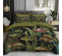 DACRWEKZ Single Duvet Cover Sets 135x200cm - Premium Microfiber Duvet Cover Sets Quilt with Zipper Closure and Pillowcase 50x75cm, Retro illustrations Tropical fish ferns green