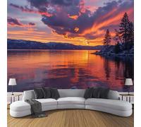 DACRWEKZ Sunset Scenery Wall Murals, Sunset on The Lake Non-self-Adhesive Orange Color Large Photo Wallpaper for Living Room Bedroom Office