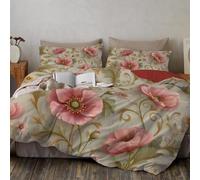 DACRWEKZ Super King Size Duvet Cover Sets Sage Green - Red poppy Bedding Set Soft Microfiber, Retro floral Duvet Cover Sets with 2 Pillowcases for Adults Teens Kids