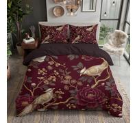 DACRWEKZ Super King Size Duvet Cover Sets Soft Pay Attention To Flowers Bedding Set Brushed Microfiber Duvet Covers with Pillowcases (Dark Red Golden Feathered Bird Peony 260x220cm)