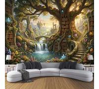 DACRWEKZ The Jungle Book Panoramic Wallpaper Mural - Yellow-Green Library Stream Trees Silk Photo Wallpaper for Living Room, Bedroom Dining Room Feature, High-Resolution Wall Décor 250x175cm