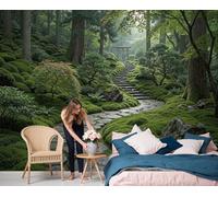 DACRWEKZ The Path Winds Through The Moss Panoramic Wallpaper Mural - Large Mural with Green Japanese Garden Style,Silk Photo Wallpaper for Bedroom Living Room Corridor