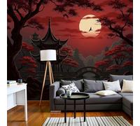 DACRWEKZ The Pavilion Stands By The Lake Panoramic Wallpaper Mural - Large Mural with Dark Red Retro Scenery,Silk Photo Wallpaper for Bedroom Living Room Corridor