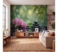 DACRWEKZ Tranquil Waterscape Wallpaper - Orchid Stone Pile Bamboo Wall Mural 250x175cm (W x H) | Silk Photo Wallpaper Mural for Bedroom, Living Room, Hallway, Home DecorPink Green