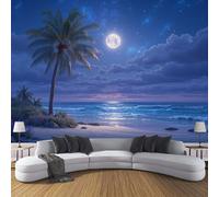DACRWEKZ Tropical Beach Wallpaper with Palm Trees On The Beach Under The Moonlight - 200x140cm Wall Paper - Dark Blue Paper for Bedroom Living Room TV Backdrop Hallway Hall Lounge