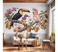DACRWEKZ Tropical Plants Wallpaper - Toucan Orchid Mango Wall Mural 400x280cm (W x H) | Silk Photo Wallpaper Mural for Bedroom, Living Room, Hallway, Home DecorOrange-Pink