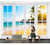 DACRWEKZ Wall Mural Wallpaper 3D Ocean View Glass Windows, Beach, Waves, Premium Silk Yellow Blue Art Photo Wallpaper for Living Room Bedroom Children's Room Home Wall Decor 300x210cm