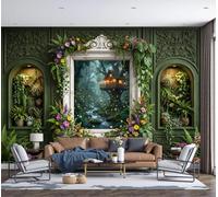 DACRWEKZ Wall Mural Wallpaper 3D Rainforest Window View Green Plants, Streams, Trees, Premium Silk Dark Green Art Photo Wallpaper for Living Room Bedroom Children's Room Home Wall Decor 450x315cm