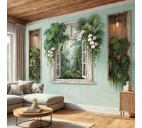 DACRWEKZ Wall Mural Wallpaper 3D Retro Distressed Wooden Bed, Monstera Deliciosa Orchid, Premium Silk Blue-Green Art Photo Wallpaper for Living Room Bedroom Children's Room Home Wall Decor 200x140cm