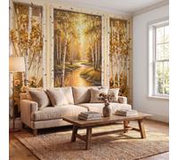 DACRWEKZ Wall Mural Wallpaper Autumn Scenery Through The Window 200x140cm|Premium Silk Birch Forest Stream Flowers Art Photo Wallpaper for Living Room Bedroom Children's Room Home Wall Decor Yellow
