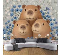 DACRWEKZ Wall Mural Wallpaper Cartoon Animals Cute Capybara Flower Cluster | Premium Silk Brown Art Photo Wallpaper for Living Room Bedroom Children's Room Home Wall Decor 300x210cm
