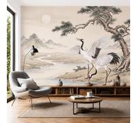 DACRWEKZ Wall Mural Wallpaper Chinese Ink Painting Style Crane, Pine Tree, Moon | Premium Silk Beige Art Photo Wallpaper for Living Room Bedroom Children's Room Home Wall Decor 400x280cm