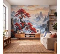 DACRWEKZ Wall Mural Wallpaper Chinese Landscape Sea of Clouds, Mountain Peaks, Maple Trees | Premium Silk Red Art Photo Wallpaper for Living Room Bedroom Children's Room Home Wall Decor 350x256cm