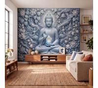 DACRWEKZ Wall Mural Wallpaper Fantasy Religion Buddha Statue Flying Lotus | Premium Silk Blue Art Photo Wallpaper for Living Room Bedroom Children's Room Home Wall Decor 450x315cm