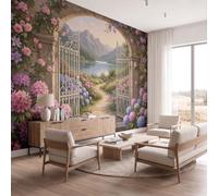DACRWEKZ Wall Mural Wallpaper French Countryside 350x256cm|Premium Silk Hydrangea in The Distant Mountains Art Photo Wallpaper for Living Room Bedroom Children's Room Home Wall Decor Pink