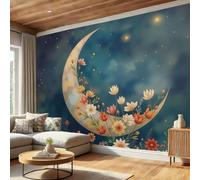 DACRWEKZ Wall Mural Wallpaper Healing Fairy Tale Style Crescent Moon, Flowers, Starry Sky, Premium Silk Blue Art Photo Wallpaper for Living Room Bedroom Children's Room Home Wall Decor 200x140cm