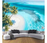 DACRWEKZ Wall Mural Wallpaper Island Resort Style Beach, Coast, Coconut Trees | Premium Silk Light Blue Art Photo Wallpaper for Living Room Bedroom Children's Room Home Wall Decor 350x256cm