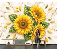 DACRWEKZ Wall Mural Wallpaper Luxury Plants and Flowers Sunflower Marble | Premium Silk Yellow Art Photo Wallpaper for Living Room Bedroom Children's Room Home Wall Decor 400x280cm