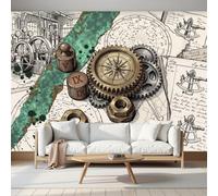 DACRWEKZ Wall Mural Wallpaper Retro Nautical Style Compass, Gear, Nautical Chart | Premium Silk Beige Art Photo Wallpaper for Living Room Bedroom Children's Room Home Wall Decor 250x175cm