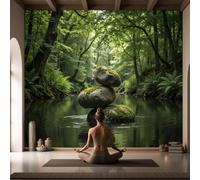 DACRWEKZ Wall Mural Wallpaper Tranquil Natural Scenery200x140cm | Premium Silk Stone Pile Forest Lake Art Photo Wallpaper for Living Room Bedroom Children's Room Home Wall Decor Dark Green
