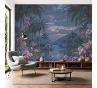 DACRWEKZ Wall Mural Wallpaper Tropical Jungle Scenery Flamingos in The Flower Garden | Premium Silk Blue and Pink Art Photo Wallpaper for Living Room Bedroom Children's Room Home Wall Decor 350x256cm