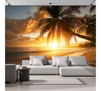 DACRWEKZ Wall Mural Wallpaper Tropical Ocean Breeze Sunset Over A Sloping Palm-Tree Beach, Premium Silk Yellow Art Photo Wallpaper for Living Room Bedroom Children's Room Home Wall Decor 250x175cm