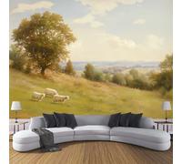 DACRWEKZ Wallpaper 200 x 140 cm -Yellow-Green Sheep Farm - Murals - Wall - Mural - Art Print Photo - 3D - Modern - Country Style- Photo Wallpaper - Bedroom Living Room Home Decoration Poster