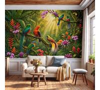 DACRWEKZ Wallpaper 3D Panoramic Photo Mural, Tropical Rainforest Wind Bird Orchid Fern Leaf 300x210cm 3D Effect Poster Decoration for Bedroom Living Room Corridor Yellow-Green