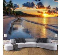 DACRWEKZ Wallpaper Beach Sunset Photo Wallpaper for Living Spaces Feature Walls, Kitchen Bedroom Hallway Dining Room, Coastal Scenery Decoration Poster 200 x 140 cm Wall Covering Orange