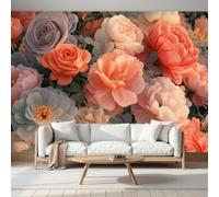 DACRWEKZ Wallpaper Murals 3D Flowers 200x140cm | 3D Art Photo Wallpaper, Peony and Rose Leaves Wall Mural Giant Poster, Modern Living Room Bedroom Kids Room Backdrop DecorOrange-Red