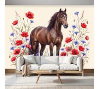 DACRWEKZ Wallpaper Murals Animals and Flowers 250x175cm | 3D Art Photo Wallpaper, Poppy and Cornflower Wall Mural Giant Poster, Modern Living Room Bedroom Kids Room Backdrop DecorBrown