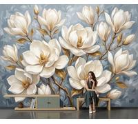 DACRWEKZ Wallpaper Murals Luxury Flowers 450x315cm | 3D Art Photo Wallpaper, Blooming Magnolia Flowers Wall Mural Giant Poster, Modern Living Room Bedroom Kids Room Backdrop DecorWhite