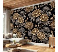 DACRWEKZ Wallpaper Murals Luxury Metallic Flowers 250x175cm | 3D Art Photo Wallpaper, Peony Chrysanthemum Leaves Wall Mural Giant Poster, Modern Living Room Bedroom Kids Room Backdrop DecorGold