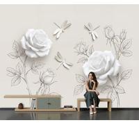 DACRWEKZ Wallpaper Murals Simple Relief Flowers 200x140cm | 3D Art Photo Wallpaper, Rose Dragonfly Leaves Wall Mural Giant Poster, Modern Living Room Bedroom Kids Room Backdrop DecorWhite